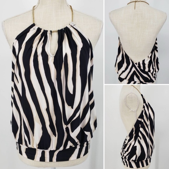 Y2K Express Silky Satin Zebra Print Backless Chain Collar Camisole Halter Top - Picture 6 of 6